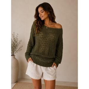 Kier + J Open Knit 100% Cashmere Sweater Olive Green Sz L Boho Crochet Festival